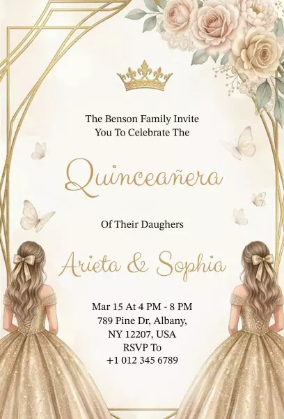 Charming Floral Gold Quinceanera Celebration Invitation Template