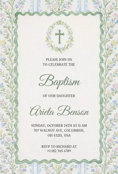 Charming Floral Greenery Baptism Ceremony Invitation Template