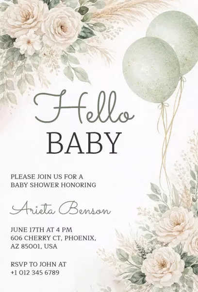 Charming Floral Hello Baby Shower Celebration Invitation Template