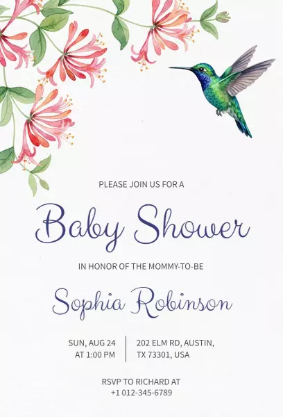 Charming Floral Hummingbird Baby Shower Celebration Invitation Template