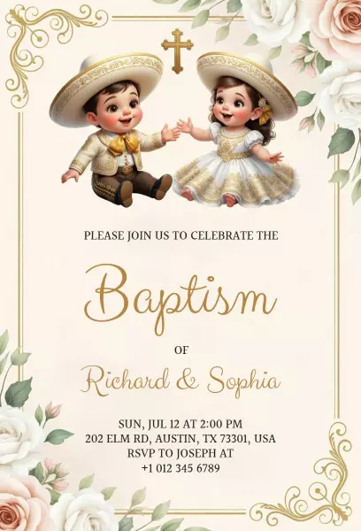 Charming Floral Kids Baptism Celebration Invitation Template