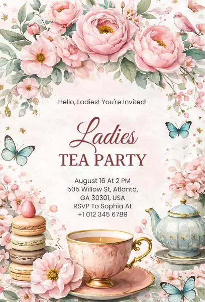 Charming Floral Ladies Tea Party Celebration Invitation Template