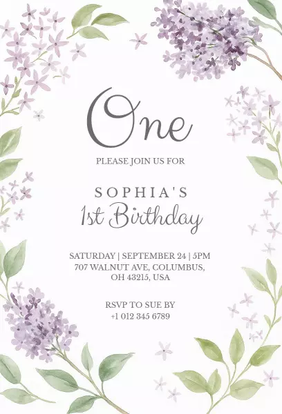 Charming Floral Lavender 1st Birthday Celebration Invitation Template