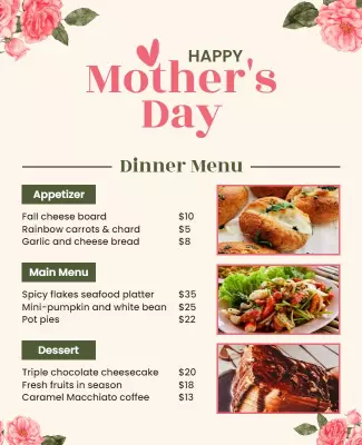 Charming Floral Mother's Day Dinner Menu Poster Template