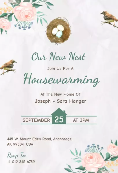 Charming Floral Nesting Theme Housewarming Invitation Template