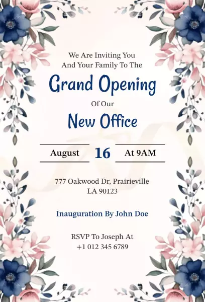 Charming Floral New Office Grand Opening Invitation Template
