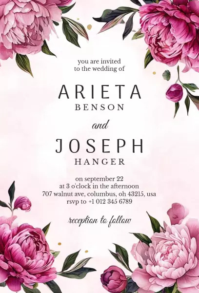 Charming Floral Peony Wedding Ceremony Celebration Invitation Template