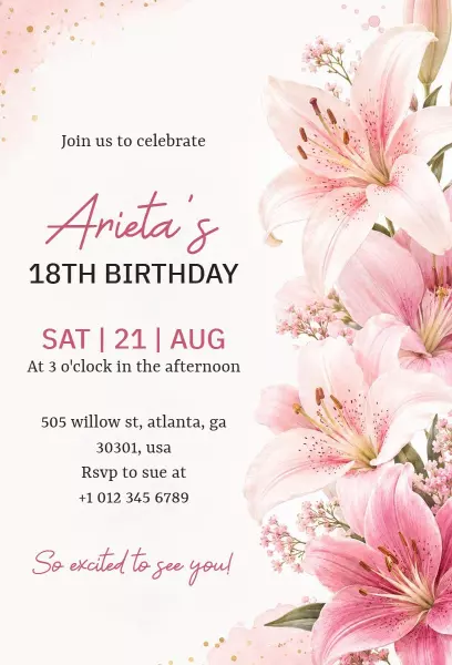 Charming Floral Pink 18th Birthday Celebration Invitation Template