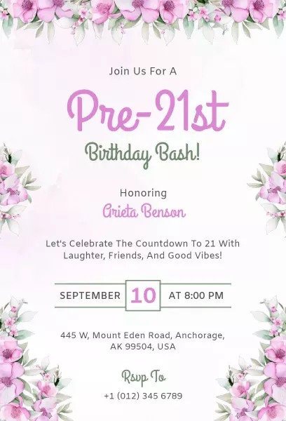Charming Floral Pre-21st Birthday Bash Celebration Invitation Template