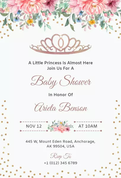 Charming Floral Princess Baby Shower Celebration Invitation Template