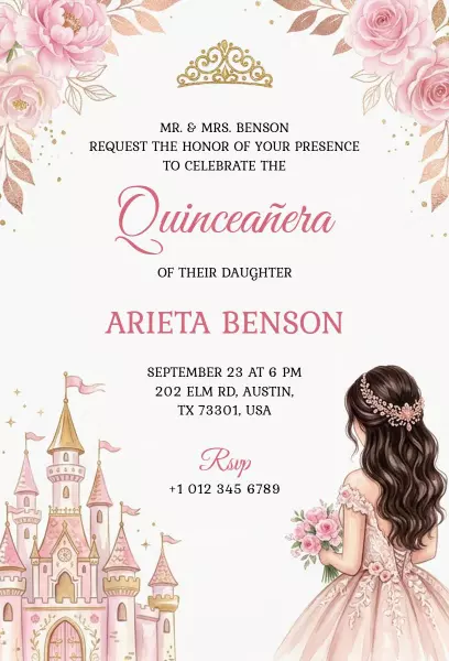 Charming Floral Princess Quinceanera Celebration Invitation Template