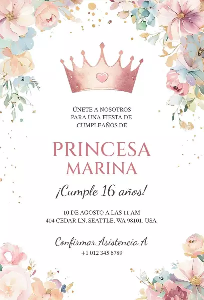 Charming Floral Princess Sweet 16 Birthday Invitation Template