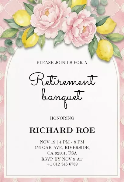 Charming Floral Retirement Banquet Celebration Invitation Template