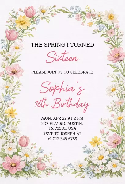 Charming Floral Spring Sixteenth Birthday Celebration Invitation Template