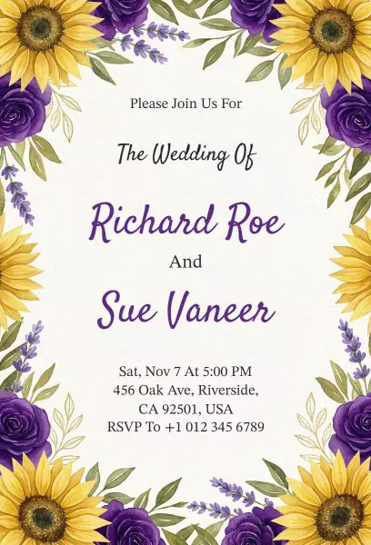 Charming Floral Sunflower Lavender Wedding Invitation Template