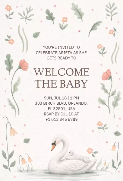 Charming Floral Swan Theme Baby Shower Invitation Template