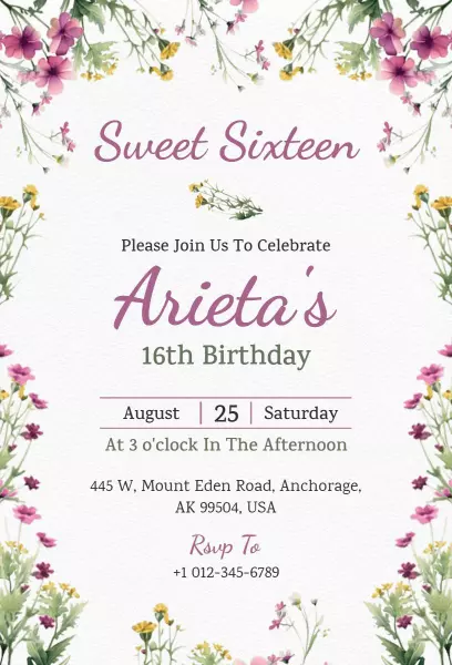 Charming Floral Sweet 16 Birthday Celebration Invitation Template