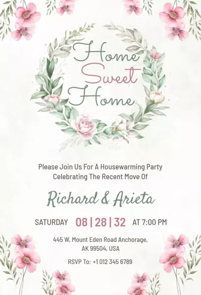 Charming Floral Sweet Home Housewarming Celebration Invitation Template