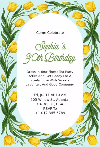 Charming Floral Tea Party 30th Birthday Invitation Template