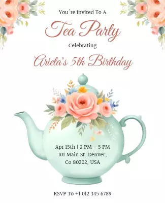 Charming Floral Tea Party Invitation for 5th Birthday Poster Template