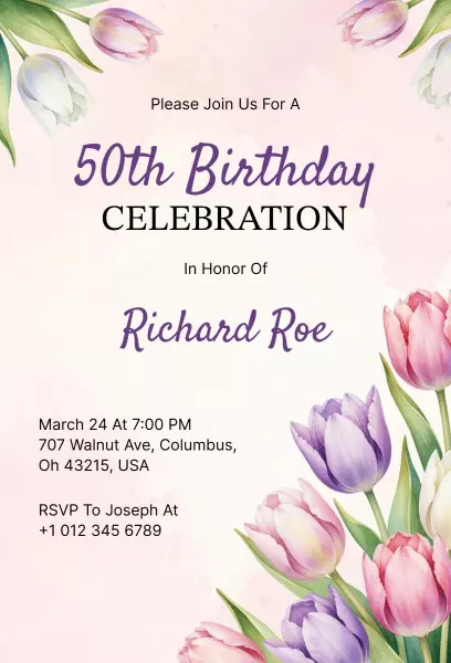 Charming Floral Theme 50th Birthday Celebration Invitation Template