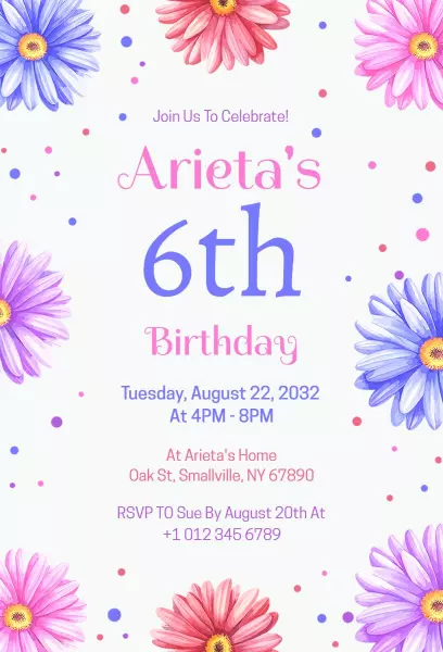 Charming Floral Theme 6th Birthday Celebration Invitation Template