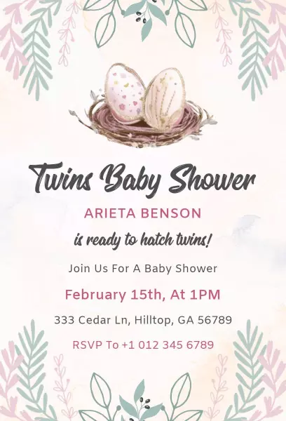 Charming Floral Twins Baby Shower Celebration Invitation Template