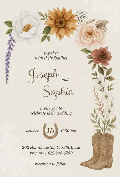 Charming Flower Boots Western Wedding Invitation Template