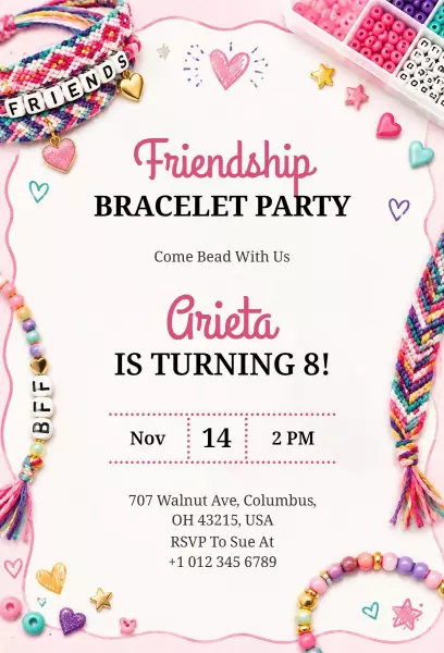 Charming Friendship Bracelet Party Birthday Invitation Template