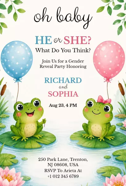 Charming Frog Theme Gender Reveal Party Invitation Template