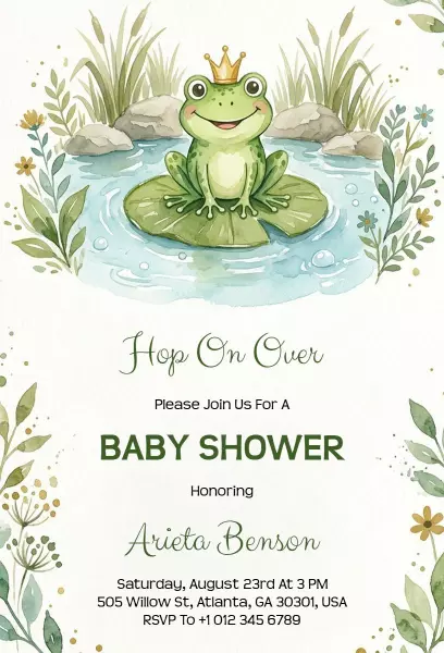 Charming Frog Theme Nature Baby Shower Invitation Template