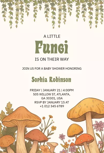 Charming Fungi Themed Baby Shower Celebration Invitation Template