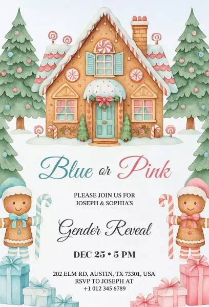 Charming Gingerbread House Gender Reveal Christmas Invitation Template
