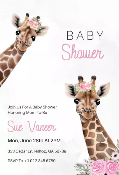 Charming Giraffe Theme Baby Shower Celebration Invitation Template