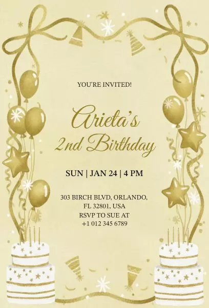 Charming Gold Star Celebration 2nd Birthday Invitation Template