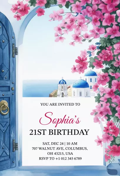 Charming Greek Island Floral 21st Birthday Invitation Template