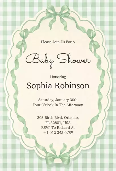 Charming Green Bows Ribbons Baby Shower Invitation Template