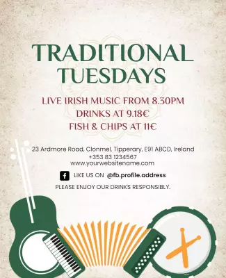 Charming Green Irish Music Night Promotion Poster Template