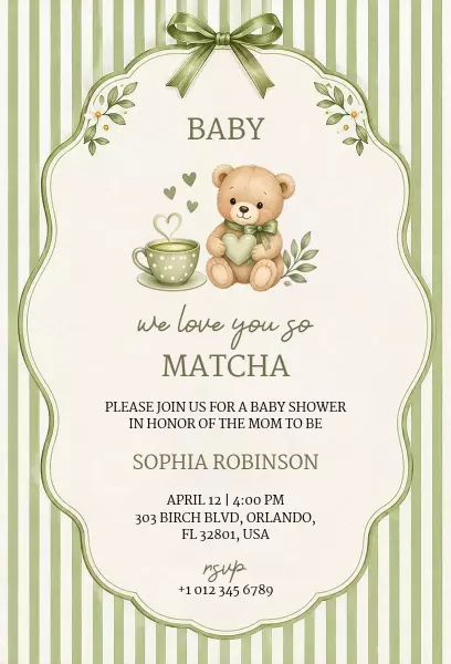 Charming Green Teddy Bear Baby Shower Celebration Invitation Template