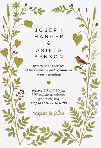 Charming Greenery Modern Wedding Ceremony Invitation Template