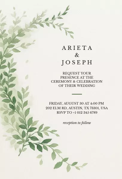 Charming Greenery Rustic Wedding Ceremony Celebration Invitation Template