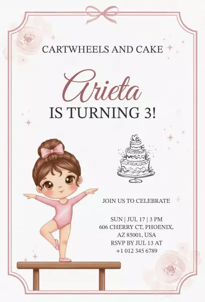 Charming Gymnastics Theme Birthday Celebration Invitation Template
