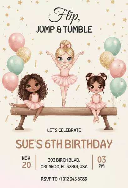 Charming Gymnastics Themed Birthday Celebration Invitation Template