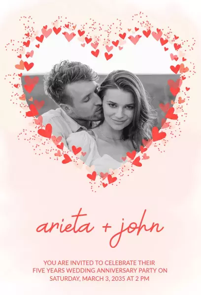 Charming Heartfelt Five Year Wedding Anniversary Invitation Template