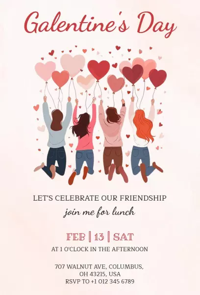 Charming Heartfelt Galentine's Day Friendship Celebration Invitation Template