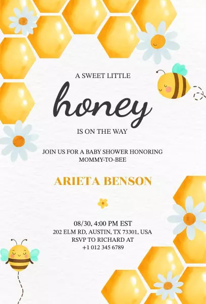 Charming Honey Bee Themed Baby Shower Invitation Template