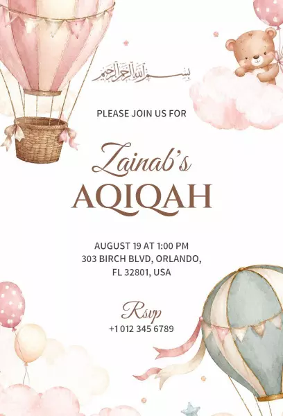 Charming Hot Air Balloon Themed Aqiqah Ceremony Invitation Template