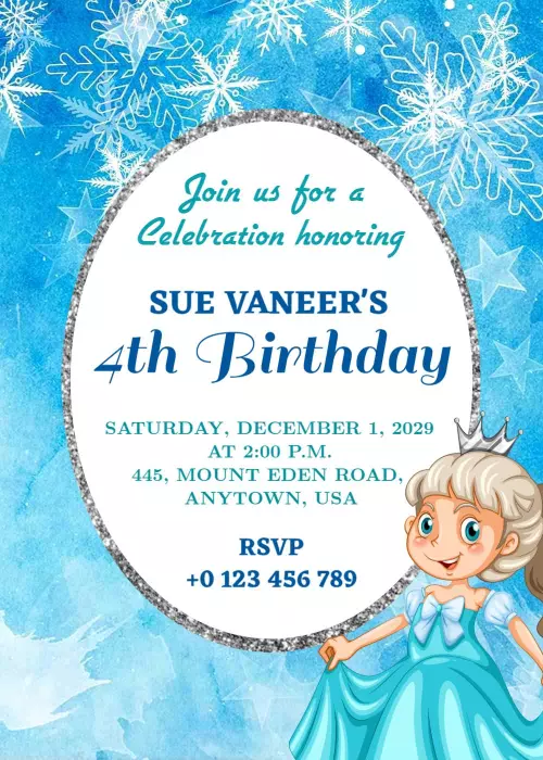Charming Ice Princess Magical 4th Birthday Celebration Invitation Template