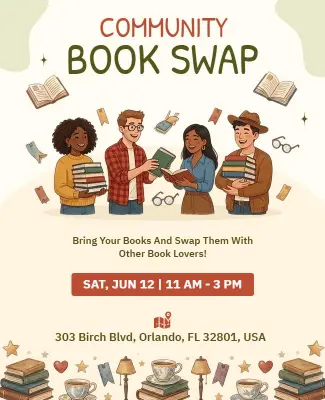 Charming Illustrated Community Book Exchange Event Poster Template