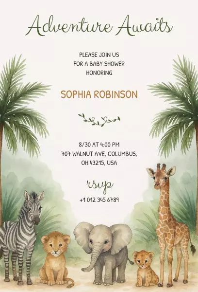 Charming Jungle Safari Adventure Baby Shower Invitation Template